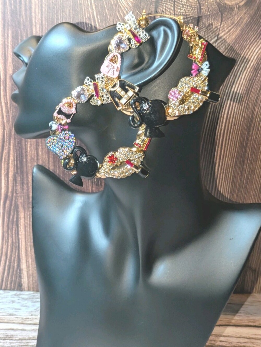 Hand Crafted Gold Hoop Earrings with Pink, Black & Multicolor Accents For Women